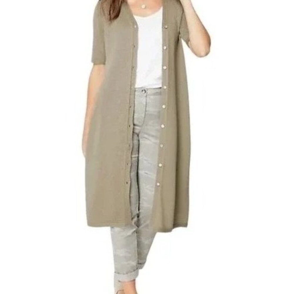 J. Jill Linen Blend Long Duster Elbow‎ Sleeve Sage Green Cardigan NWT Medium